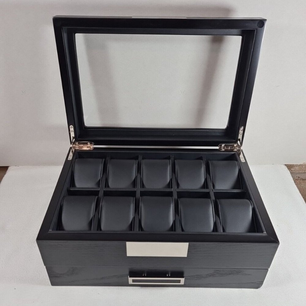 Luxury Wooden Watch Display Case with Drawer Black NEW